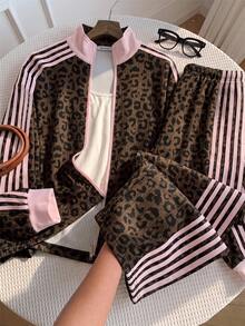SHEIN EZwear 大尺碼女款豹紋拼色長袖上衣與長褲休閒日常套裝 - 彩色 - 查看 5