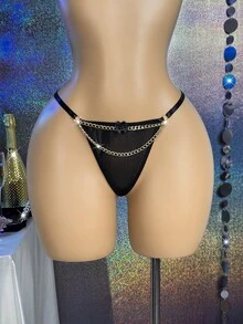 MidnightGlam 1pc Women's Sexy Chain Mesh Embroidered Patchwork Thong - Black - View 3
