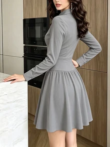 Modelyn Women's Elegant Casual Versatile Light Gray V-Neck Shirt Sleeve Waist Panel Button Design Short Dress For Spring And Autumn, Suitable For Daily Wear And Parties - Light Grey - View 3
