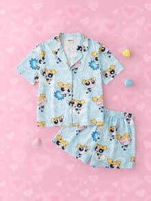 THE POWERPUFF GIRLS X SHEIN Tween Girl Cartoon Print Short Sleeve Top And Shorts Casual Daily Home Sleepwear Set - Blue - View 1