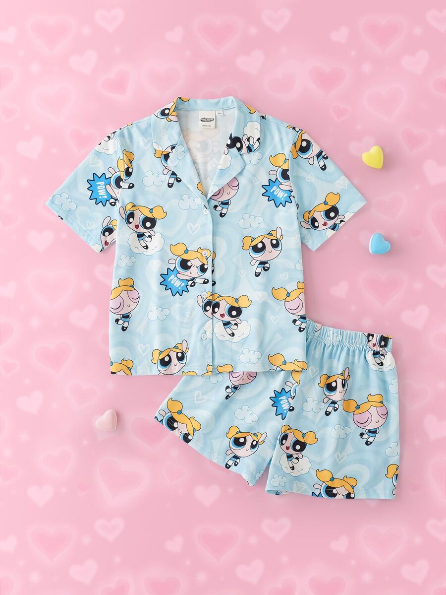 THE POWERPUFF GIRLS X SHEIN Tween Girl Cartoon Print Short Sleeve Top And Shorts Casual Daily Home Sleepwear Set - Blue - View 1