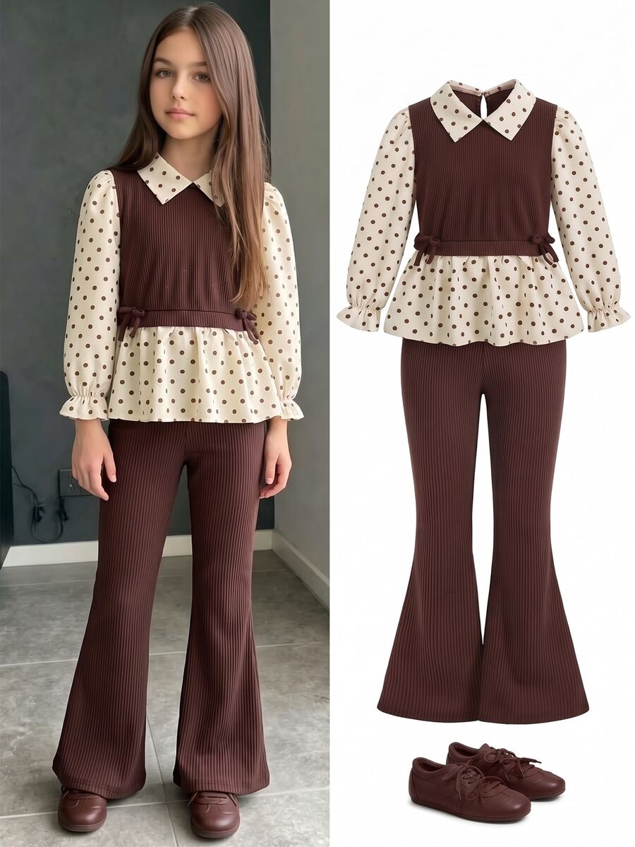 Tween Girls Geometric Knit Flare Sleeve Shirt With Pearl Detailing Back To School Clothes Girls Tween Girl Outfits Set Fall Clothes Holiday Outfits - Multicolor - View 1