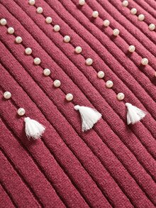 Lacomfia Plus Size Women's Faux Pearl Decor Patchwork Tassel Design Round Neck Long Sleeve Elegant Knit Dress - Red Violet - View 7
