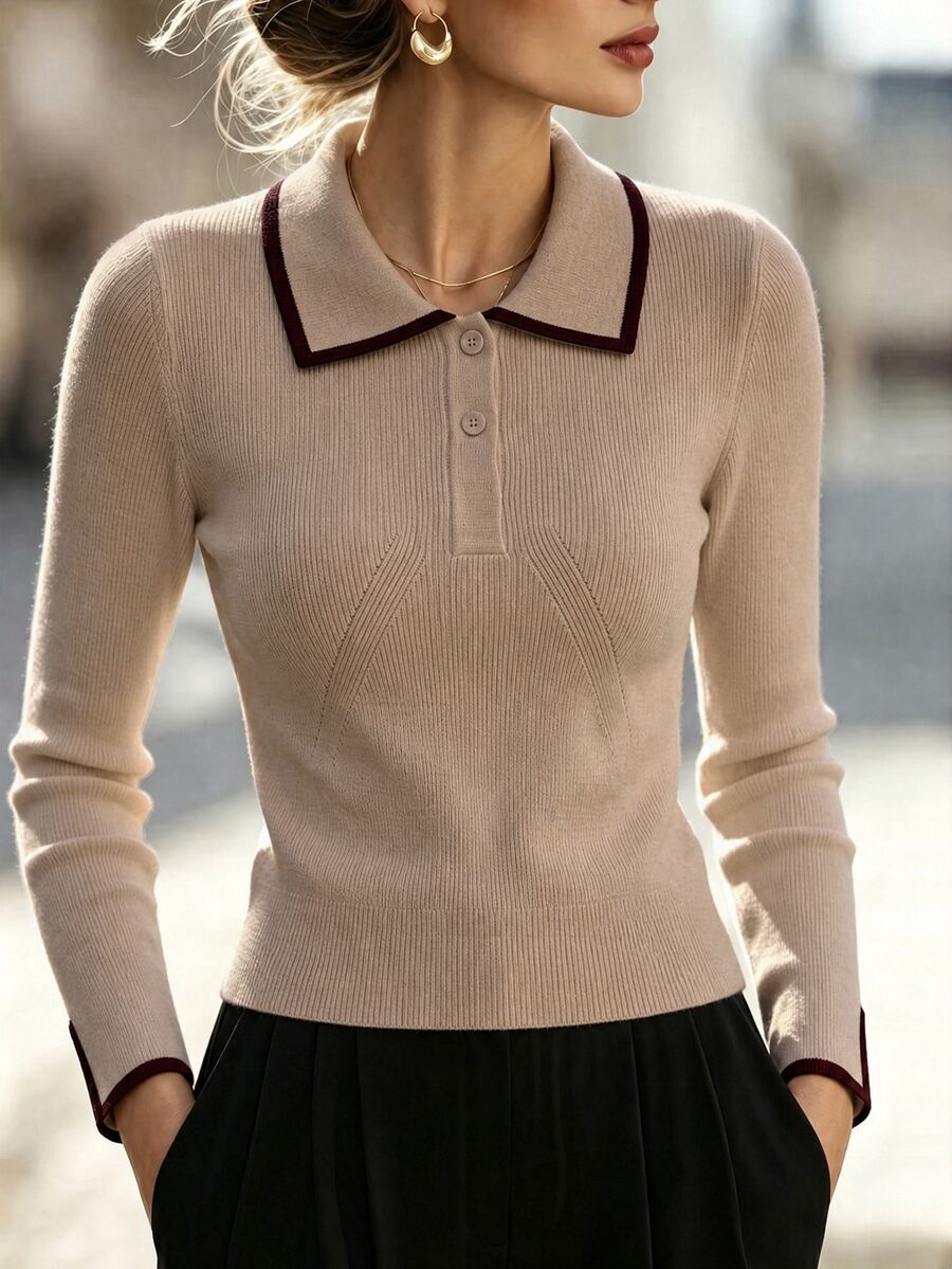 SHEIN 女款拼色 Polo 領長袖休閒百搭針織衫 - 駝色 - 查看 1
