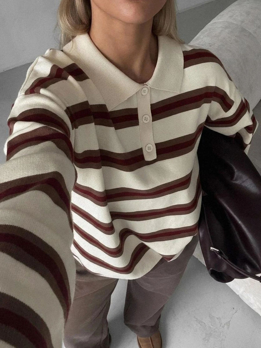 Dazy Plus Sweater Vintage Bergaris dengan Kerah Lipat Motif Patchwork Blok Warna untuk Musim Gugur - Coklat - View 1
