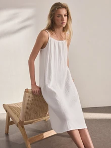 Ocili Women's Solid Color Pure Cotton Tie Strap Nightgown Loungewear Dress - White - View 2