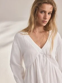 Ocili Women's Solid Color Pure Cotton Comfortable Minimalist Long Sleeve Nightgown Loungewear Dress - White - View 4