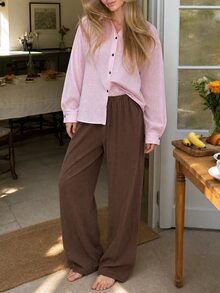 DAZY Autumn/Winter Minimalist Loose Relaxed Fit Shirt Style Women's Loungewear Set - Pink - View 1