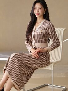 DAZY Women's Houndstooth Casual Everyday Summer Knit Dress - Brown - View 1