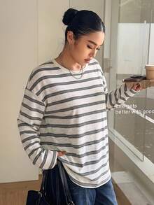 Dazy Plus Women's Plus Size Crew Neck Casual Loose Long Sleeve Street Style Fashion Striped T-Shirt - White - View 6