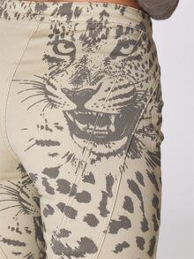 MUSERA Graphic Leopard Printed V Dipped Lace Up Waist Fitted Flare Low Rise Jeans Autumn Winter Fall Coolgirl Holiday Everyday Roadside Renegade - Apricot - View 5