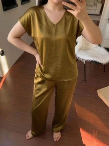 Dazy Plus Satin Loose Elegant Long Pants Loungewear 2-Piece Pajama Set - Yellow - View 6