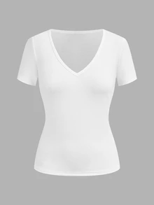SHEIN EZwear 3件組女款素色V領短袖休閒T恤 - 彩色 - 查看 4