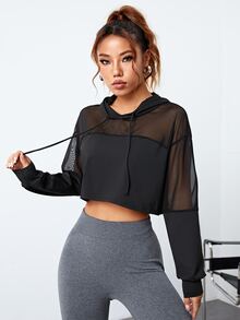 SHEIN Velisys 女款純色拼接網布連帽運動運動衫 - 彩色 - 查看 5