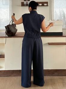 Dazy Plus Setelan Blogger Awal Musim Gugur 2 Potong: Atasan Tanpa Lengan Kerah Setengah Tinggi dengan Resleting & Celana Panjang Kasual Bergaris - Navy Blue - View 7