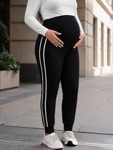 SHEIN Black Cuffed Knit Maternity Pants With White Striped Patchwork, Casual Daily Spring/Autumn Comfortable Plus Size Trousers - Black - View 8