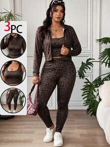 SHEIN EZwear 豹紋休閒大尺碼女款拉鍊方領背心與緊身褲套裝 - 咖啡棕 - 查看 3