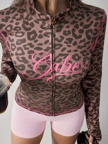 Slayform Jaket Lengan Panjang Wanita Motif Leopard dengan Huruf untuk Lari Musim Gugur, Olahraga Luar Ruangan, dan Pusat Kebugaran - Coklat - View 6