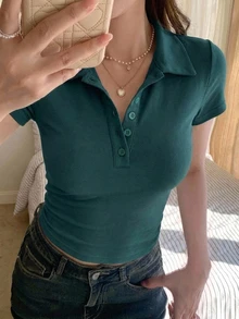 DAZY 女款領口短袖修身內搭性感休閒套頭街頭風T恤 - 綠色 - 查看 3