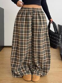 POPSWAY Plus Size Women's Elastic Waist Wide Leg Loose Casual Plaid Pants - Multicolor - View 4