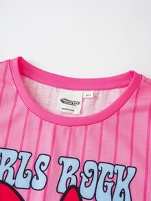 THE POWERPUFF GIRLS X SHEIN Tween Girl Striped Short Sleeve T-Shirt And Shorts Casual Set - Multicolor - View 4
