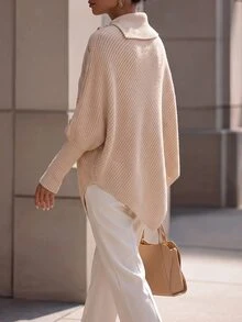 SHEIN Women's Asymmetric Design Single-Sided Button Decor Cape Batwing Sleeve High Neck Long Sleeve Ribbed Knit Sweater, Fashionable And Elegant, Suitable For Daily Commute, Dating, Shopping - Khaki - View 7
