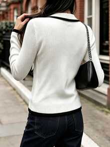 Cévolie Women's Colorblock Casual Versatile Daily Wear Long Sleeve Sweater - Black and White - View 2