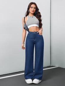 SHEIN Tall CURVE 大尺碼女款寬鬆寬腿休閒百搭牛仔褲，附口袋 - 中等水洗藍 - 查看 4