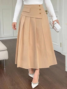 Dazy Plus Autumn/Summer New High Waist Single-Breasted Decorative Pleated Solid Color Loose A-Line Mid-Length Skirt Brunch Office Elegant Business Casual - Khaki - View 4