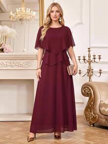 Amorya Women's Elegant Solid Color Round Neck Pullover Cape Sleeve Long Dress - Burgundy - View 9