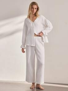 Ocili Women's Solid Color V-Neck Top And Pants Casual Daily Homewear Set - White - View 4