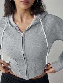 Cévolie Women's Solid Color Long Sleeve Zip-Up Hooded Drawstring Sports Jacket - Grey - View 1