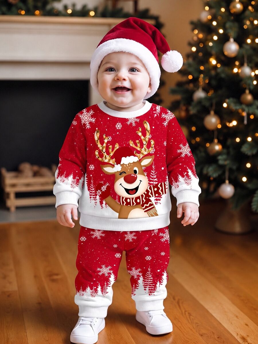Infant Toddler Round Neck Casual Long Sleeve Sweatshirt And Pants Comfortable Set, Classic Christmas Element Pattern Print, Classic Christmas Snowflake Pattern Print, Classic Cute Cartoon Christmas Reindeer Pattern Print, Suitable For Christmas, Suitable For Autumn/Winter - Multicolor - View 1