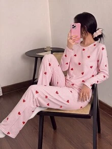 Dream Adore Women's Striped Heart Print Long Sleeve & Long Pants Pajama Set - Multicolor - View 6