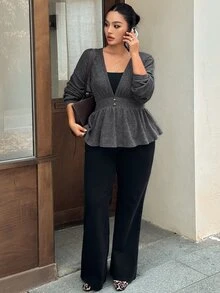 Dazy Plus Spring/Autumn New Korean Solid Color Deep V-Neck Waist-Cinching Long Sleeve T-Shirt - Grey - View 4