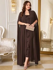Reflora Plus Size Embroidered Cami Dress With Cardigan Set - Brown - View 7