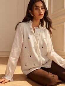 SHEIN Women's Elegant French Embroidered Button Knit Vest Cardigan Everyday Day Time Off White Autumn - Apricot - View 4