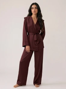 DAZY Women's Solid Color Long Sleeve Waist Knot Top And Long Pants Pajama Set - Brown - View 6