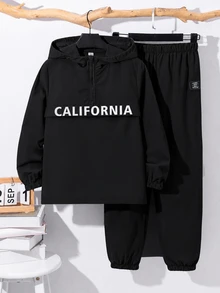 SHEIN 青少年男孩半拉鍊連帽外套與收口長褲2件套，休閒運動風，適合秋冬 - 黑色 - 查看 1
