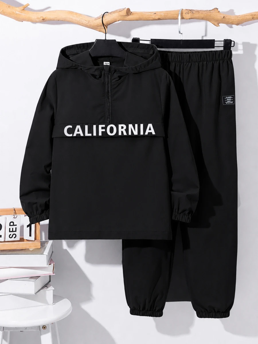 SHEIN 青少年男孩半拉鍊連帽外套與收口長褲2件套,休閒運動風,適合秋冬 - 黑色 - 查看 1