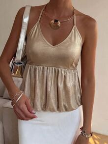 Lavishia Women's Elegant Sexy Party Metal Halter Top, Suitable For Cocktail Party, Holiday, Halter Neck - Gold - View 5