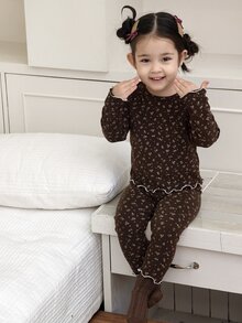 DAZY Infant/Toddler (Girl) Hooded All-Over Print Korean Style Long Sleeve 2 Pieces Loungewear Set - Coffee Brown - View 9