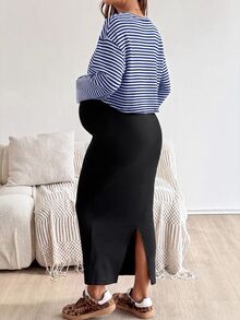 SHEIN 2件套：羅根袖條紋上衣與純色修身孕婦套裝，適合秋季 - 藏蓝色 - 查看 2