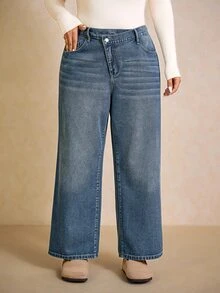 SHEIN MOD Celana Jeans Denim Kasual Sehari-hari Wanita Ukuran Besar dengan Saku dan Kancing - Medium Wash - View 4