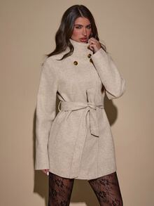 SHEIN BAE Women's Elegant Button High Neck Long Sleeve Overcoat - Apricot - View 6