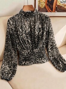 SHEIN Clasi 女款豹紋高領長袖收腰時尚襯衫 - 灰色 - 查看 3