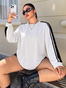 Muchica Plus Size Striped Colorblock Minimalist Long Sleeve T-Shirt For Daily Wear - White - View 5