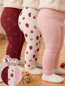 SHEIN Playful Pals 3件組女嬰幼童女孩羅紋內搭褲可愛甜美粉色酒紅奶油色草莓櫻桃印花蝴蝶結羅紋款假日秋季舒適公主風日常穿搭 - 彩色 - 查看 1