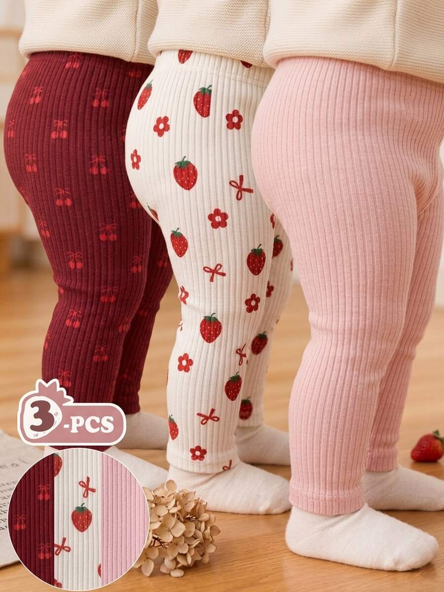 SHEIN Playful Pals 3件組女嬰幼童女孩羅紋內搭褲可愛甜美粉色酒紅奶油色草莓櫻桃印花蝴蝶結羅紋款假日秋季舒適公主風日常穿搭 - 彩色 - 查看 1
