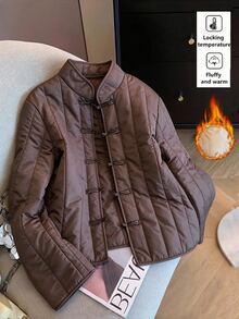 SHEIN Franclia New Chinese Style Frog Button Stand Collar Vertical Quilted Padded Coat For Women, Vintage Short Loose Lightweight Padded Coat, National Style - Brown - View 1